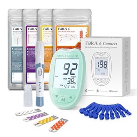 FORA 6 Connect | 4-in-1 Blutzucker-, Keton-, Cholesterin-, Harnsäure-Messgerät | Für die Selbstanwendung zu Hause | Bluetooth & App | Inkl. Teststreifen & Zubehör, Grün