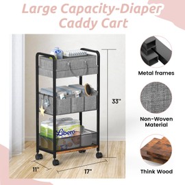 LIDTOP 2In1 Baby Diaper Caddy & 3-Tier Rolling Diaper Cart, Diaper Caddy Organizer Cart with Dividers, Mobile Metal Utility Cart for Nursery Essentials, Detachable Bedside Cart, Large Capacity