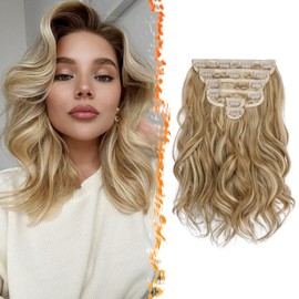 BARSDAR Clip-In Extensions, Wavy Clip-In Hair Extensions, Highlight for Women, 6 Pieces, 30 cm, Full Head, Thick, Natural, Soft, Synthetic Clip-In Hairpieces, Gloden Blonde with Highlights