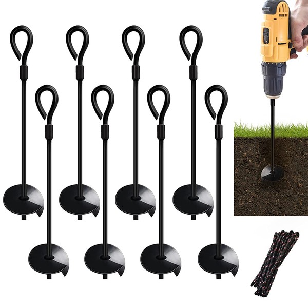 MIXXIDEA Dual-Purpose Ground Anchor 15 Inch 8 Pack Heavy Duty for High Winds Metal Ground Stakes Dog Tie Out Stake Screw Anchors Drill for Tents, Canopies, Swing Sets, Sheds, Trampoline