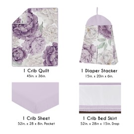 Sweet Jojo Designs 4-Piece Baby Crib Bedding Set (Purple Lavendar Boho Floral) for Girls, Infants/Nursery incl. Blanket, Fitted Sheet, Skirt, Diaper Stacker (Vintage, Elegant, Shabby Chic, Wildflower)