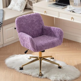 Goujxcy Furry Office Chair Fuzzy Swivel Desk Chair, Faux Fur Home Office Chair Teddy Fabric Upholstered Makeup Vanity Chair, Height Adjustable Rolling Desk Chair for Bedroom Girls Women (Violet)