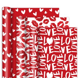 JarThenaAMCS 3 Rolls Valentine's Day Wrapping Paper - Mini Roll - 17 Inch x 16.4 Ft Love Heart Lip Print Gift Wrap Paper Red Art Paper for Wedding Anniversary Party DIY Crafts