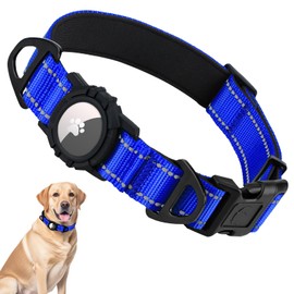 Taglory Reflective AirTag Dog Collar with Airtag Holder, Dual D-Rings, Safety Locking Buckle Durable, Adjustable Soft Padded for Large Dogs, Navy Blue, L
