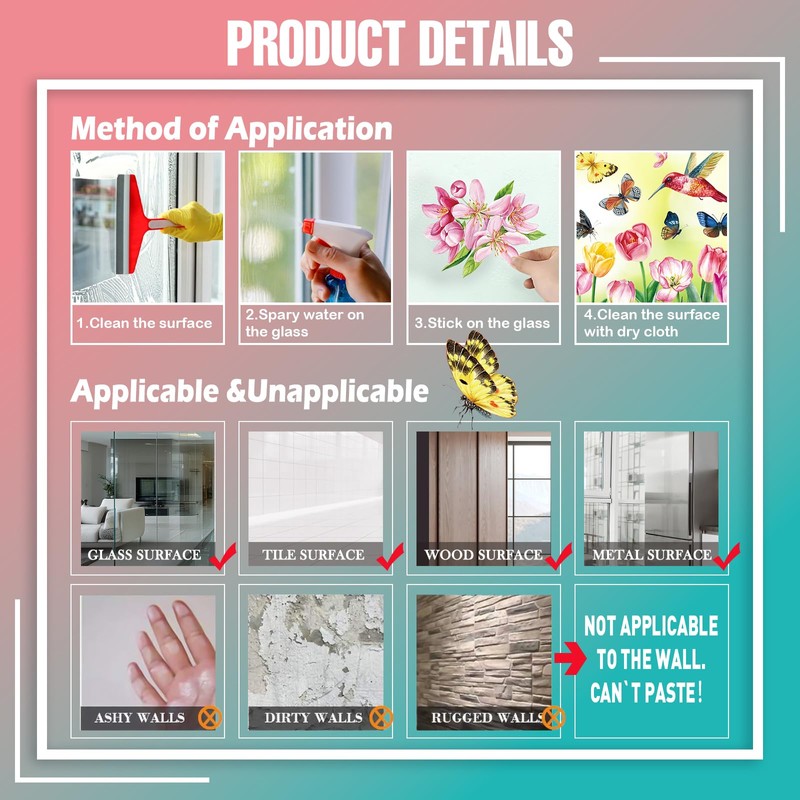 Spring Tulip Window Clings, 61 Pcs Butterfly Tulip Flower Hummingbird