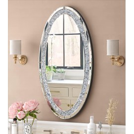 SHYFOY Oval Wall Mirror Decorative, Diamond Large Mirrors for Wall Decor 36" L x 23" W Modern Accent Mirror, Silver Wall Decor
