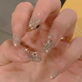 XUZOO 24 Pieces Nail Tips, 3D Nails, Short and Long, Cute, Floral Pattern, Stylish, Popular, False Nails, Nail Tip, Simple, Nail Seal, Nail Tool, Double Sided Tape Included (3D Shape Crystal Stone)