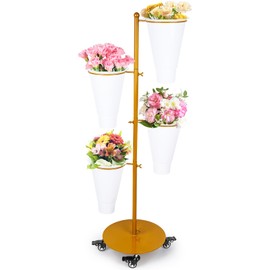 LEALIBAUSS Metal Flower Display Stand With 4 Buckets Flower Cart Display Stand with Wheels Floral Bar for Wedding Garden Events Party Decor