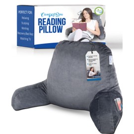 ComfortSpa Reading Pillow for Bed Adult Size, Back Rest Pillow with Arms, Pockets and Washable Cover; Use as a Back Pillow for Bed Sitting Up for Bedrest or Relief from GERD Heartburn (Large Grey) | ComfortSpa