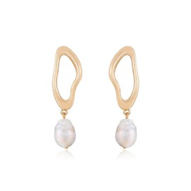 Ettika Pearl Earrings. Gold Earrings for Women. Open Circle Dangle Freshwater Pearl 18k Gold Plated Earrings. Birthday Gifts For Women