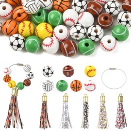 Ipotkitt 56 pcs 7 Styles 16mm Ball Game Wood Beads Kits with Tassel Charms Sport Theme Tennis Wooden Beads Sets Bubblegum Bead for DIY Jewelry Crafts Bag Keychains Purse Decor