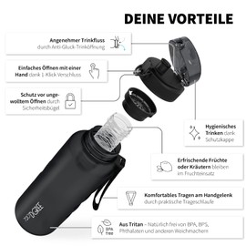 720°DGREE 'uberBottle' softTouch Water Bottle 1.5 L + Fruit Container, BPA-Free, Water Bottle for Gym, Fitness, Outdoor, Hiking, XL Tritan Sports Bottle: Large, Lightweight, Shockproof, Reusable