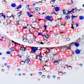 Towenm Mezcla de diamantes de imitación y perlas de 60 g, diamantes de imitación de gelatina de 2 a 10 mm y media perla para manualidades, vasos, zapatos, uñas, arte facial, con bolígrafo recogedor, azul, blanco, rosa