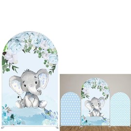 Iydamc Baby Boy Elephant Arched Backdrop Cover for Birthday Party Baby Shower Decoration Double-Sided Arched Frame Stand Fabric Covers Dessert Table Decor