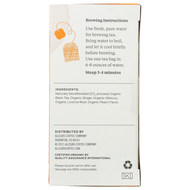 Allegro Tea, Organic Decaf Ginger Peach Black Tea Bags, 20