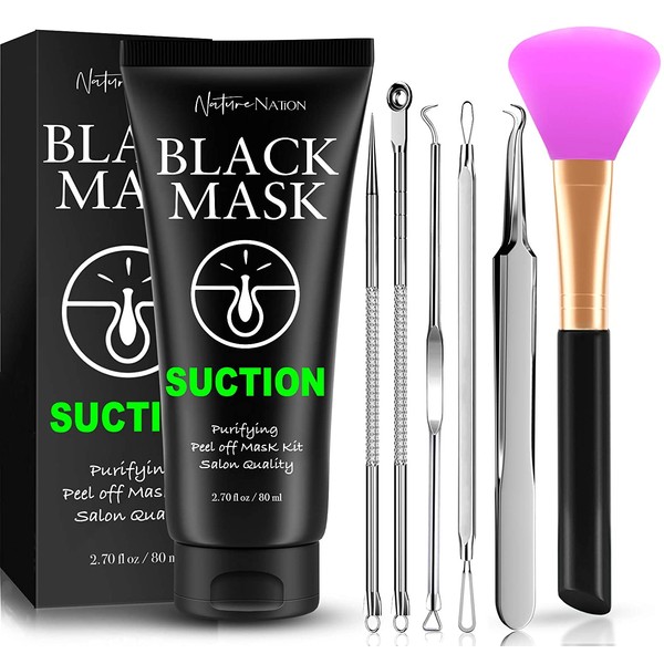 Blackhead Remover Mask Valuable 3-in-1 Kit Nature Nation Purifying Peel Off Mask, With 5 Blackhead & Pimple Comedone Extractors and Silicone Brush, Deep Cleansing Blackheads Removal Mask Kit