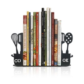 ENCIMART Metal Book Ends for Shelves, Kitchen Bookends Home Decorative Bookends for Heavy Books, Unique Cute Cookbook Organizer Book Holder for Kitchen Housewarming Cooking Book Lover Gifts, Black