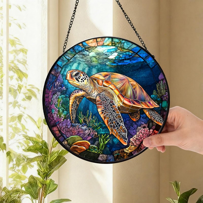 Zizzie Sea Turtle and Ocean Reef Round Suncatcher -7.9 in