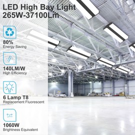 Lightdot 2 Pack LED High Bay Shop Lights, 4FT (Large Area) 265W 37100LM [Eqv.1000W MH/HPS] 5000K Daylight Linear Hanging Light for Garage Warehouse Gyms, 10 Lamp Fluorescent Fixture Replacement