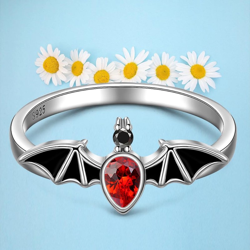 Halloween Black Bat Rings for Women Sterling Silver Gothic Jewelry