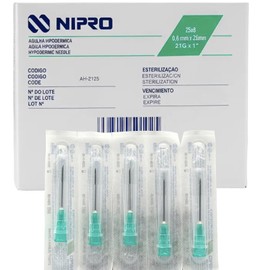 NIPRO Aguja Hipodérmica 21G x 25 mm (1”), Verde, Estéril y Desechable, Ultra Thin Wall, Punta Tribiselada, Caja con 100 Piezas