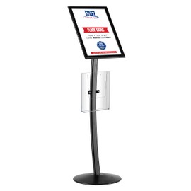 M&T Displays Curved Menu Board 11x17 Inch Pedestal Sign Holder with 8.5x11 Inch Brochure Holder Black Floor Standing Aluminum Front Loading Easy Open Poster Message Advertisement Post