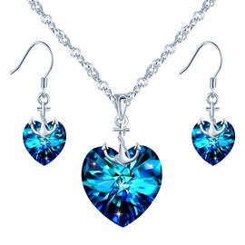 Yumilok Women's Necklace with Heart Crystal Pendant in 925 Sterling Silver Women's Stud Earrings Set Zirconia Anchor Heart for Women Girls, Crystal, Cubic Zirconia