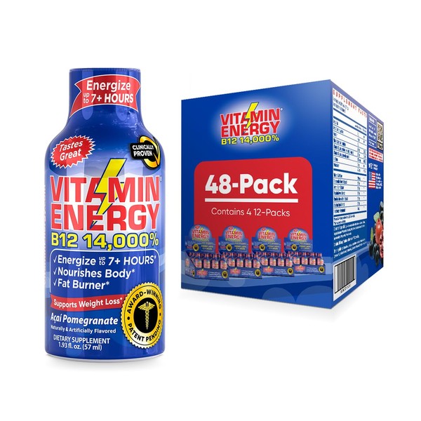 Vitamin Energy B12 Energy Shots | Natural Healthy Energy & Focus Drink | Sugar-Free Carb-Free Supplement | Vitamins B3, B6, B12 | Energize up to 7+ Hours | Acai Pomegranate - 1.93 fl oz - Pack of 48