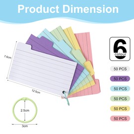 JUNART 6-Colour 300PCS Index Cards, 50 Pages per Colour with 6 Perforated Binder Rings and Top Tabs for Easy Marking, for Study, Work and Everyday Use