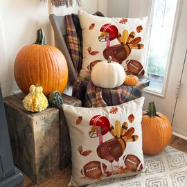 RABUSOFA Thanksgiving Pillow Covers 20x20 Inch, Fall Turkey Football Maple Leaves Decoration Autumn Throw Cushion Cases Decorative for Home Couch (Brown, 20"X20")