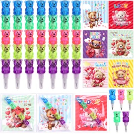 ceiba tree Valentines Day Stationery Gift Set for Kids Valentine's Day Pencils with Cards Assorted Plastic Stacking Bear Pencils Goodie Bag Stuffers for Classroom Rewards School Exchange Party Favors