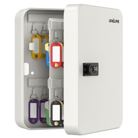 Uniclife 48 Position Key Cabinet with Combination Lock Resettable White Digital Security Storage Box Steel Key Organizer with Colorful Key Tag Labels Stickers and Hooks