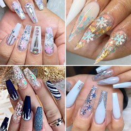 Christmas Nail Art, 6 Boxes Holographic Snowflake Nail Art Glitters Flakes with Glitter Powder Laser White Snowflake Winter Christmas Nail Design for Acrylic Nails