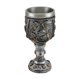 Silvered Steampunk Dragon and Gears Goblet w/Stainless Steel Liner