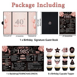 Trgowaul 40th Birthday Decorations for Women, 32PCS Back in 1985 Birthday Party Supplies, Vintage Rose Gold Birthday Banner, 40th Birthday Alternative Signature Guest Book, Cheers to 40 Years Old