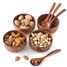 Kanhaom Small Wooden Bowls and Spoons, 10oz. Portion Control Bowls for Snack, Dessert, Japanese Serving Bowls for Rice, Soup, Solid Wood Bowls for Decor (4 Bowls with 4 Spoons - 4.1IN)