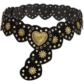 Liutufy Wide Disc Belt for Women Vintage Hollow Boho Leather Belt Western Chunky Waist Belt Cowboy Metal Buckle Concho Belts (Heart Black A-S)