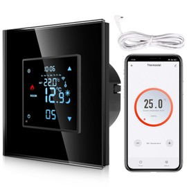 CNBINGO Smart Flush-Mounted Thermostat with Sensor, Digital Room Thermostat for Water Underfloor Heating and Boiler, Compatible with Alexa and Google Assistant, Voice Control, Black with Glass Frame