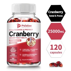 Pslalae Azo Cranberry, Made with Whole Fruit Cranberry Powder Concentrated Extract + Vitamin C to Help Cleanse and Protect Urinary Tract Health, Sugar Free Cranberry Pills, Non-GMO, 120 Softgels - Specification: 120Capsules
