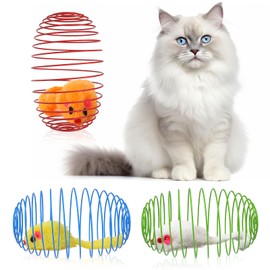 Cat Spring Balls, BENBO 3Pcs Stretchable Cat Springs Toys Interactive Caged Rats Rolling Cat Balls Spiral Crinkle Cat Toys Playful Coils Spring Toy for Kitten Cat Pet Indoor Play (Random Color)