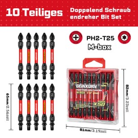 GEINXURN 10-Piece PH2/T25 Phillips Torx Impact Resistant Double End Screwdriver Bit Set, 65 mm #2 Phillips Tx 25 Bit Set, Magnetic, Made of S2 Steel, with Storage Box