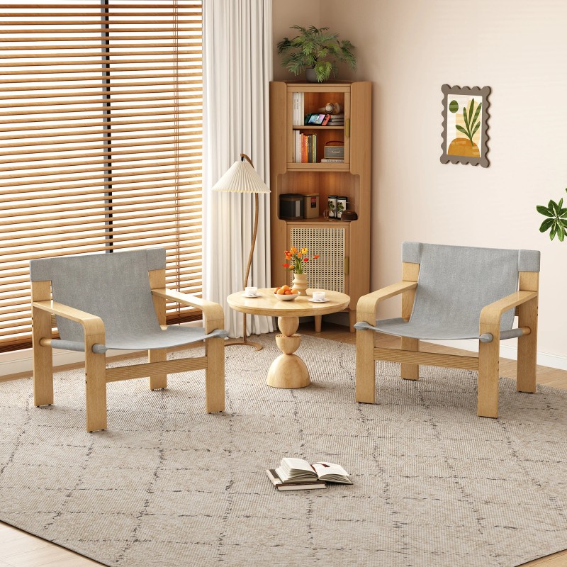 Detachable Washable Modern Oak Lounge Armchair with Wide Armrests Linen
