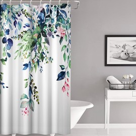 Ruelvth Green and Blue Eucalyptus Shower Curtain, Watercolor Spring Plant Leaves with Floral Shower Curtain Waterproof Fabric Shower Curtain Set with Hooks, 48x72 Inch