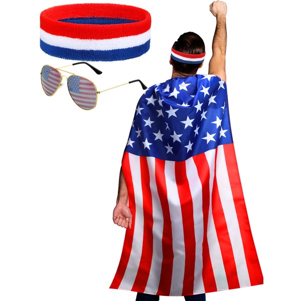 American Flag Costume Cape, Retro 80's American USA Sunglasses and USA Flag Headband for 4th of July Independence Day Celebration