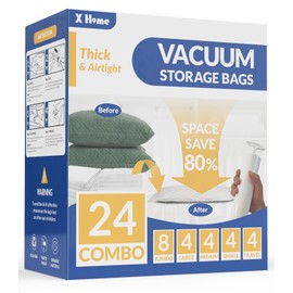 24 Pack Vacuum Storage Bags, Space Saver Vacuum Seal Bags for Clothing, Bedding, Blankets, Comforters,Travel Luggage, Vacuum Compression Bags with Hand Pump (8 Jumbo+4L+4M+4S+4 Roll-up Bags)