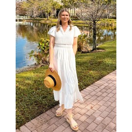 ZESICA Women's Summer Casual Maxi Dress 2025 Puff Short Sleeve V Neck Ruffle Tiered Flowy Boho Beach Dresses,White,Medium