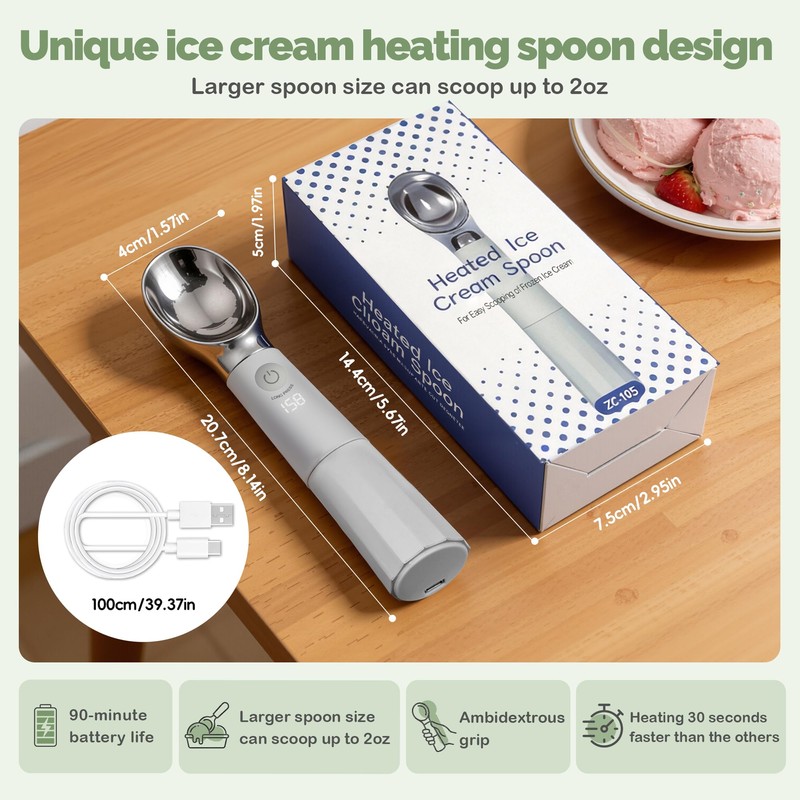 Heated Ice Cream Scoop, Rechargeable Removable Battery, 30s Heat to
