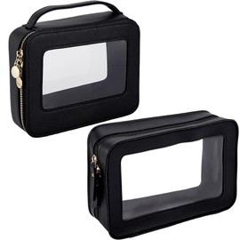 Beebeecraft 2Pcs 2 Styles Popvibe Clear Makeup Bag Rectangle Black PU Cosmetic Organizer Case Waterproof Travel Toiletry Bag Pouches with Zipper Handle PVC Windows