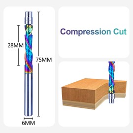 SpeTool Flush Cutter 6 mm Shaft Spiral Groove Cutter Up & Down Compression Solid Carbide Cutting Width 28 mm Copy Cutter for Routers Spiral Grooved DLC Coating Double Ball Bearing Bottom for