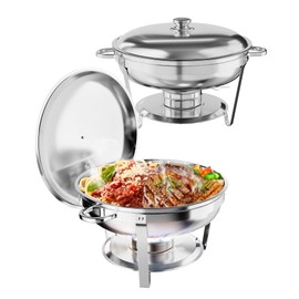 Chafing Dish for Buffet, 5QT Round Chafing Dishes Buffet Set w/Lid Holder, Stainless Steel Chafers and Food Warmers with Spoon and Tweezers for Parties, Weddings (Silver, 2 Pack)